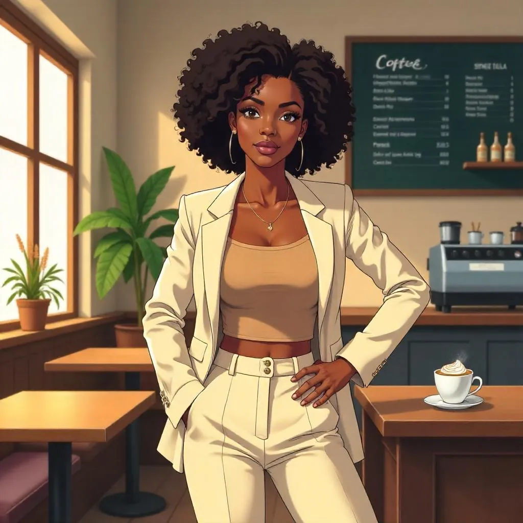 Confident Black Woman in an Anime Café