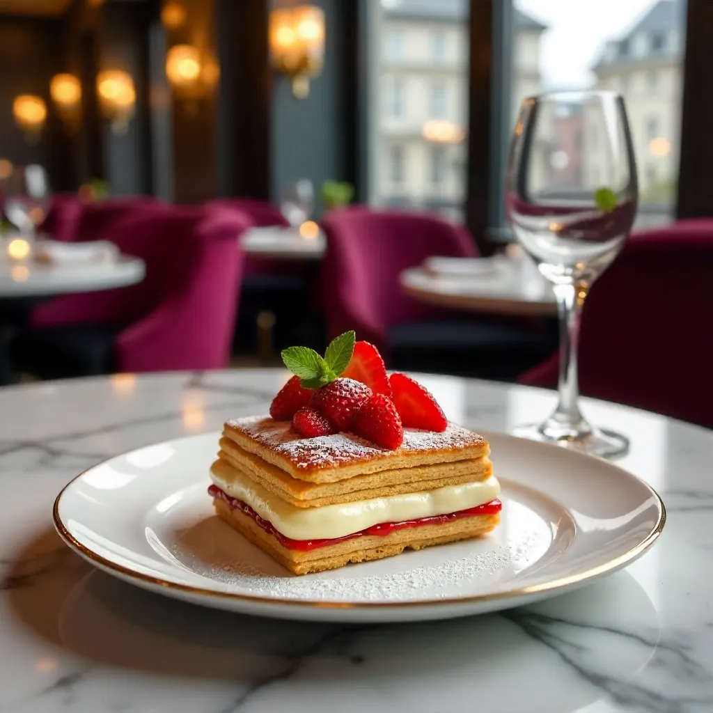 Elegant French Dessert in a Chic Parisian Restaurant