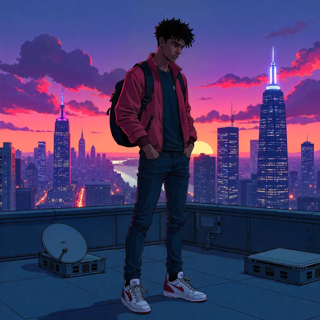 Rooftop Evening: A Young Adult Black Man in Anime Style