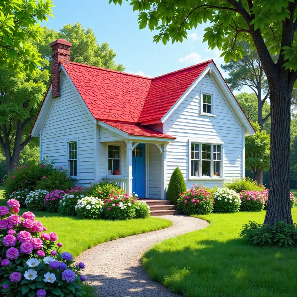 Sunlit white cottage with red roof amid blooming shrubs