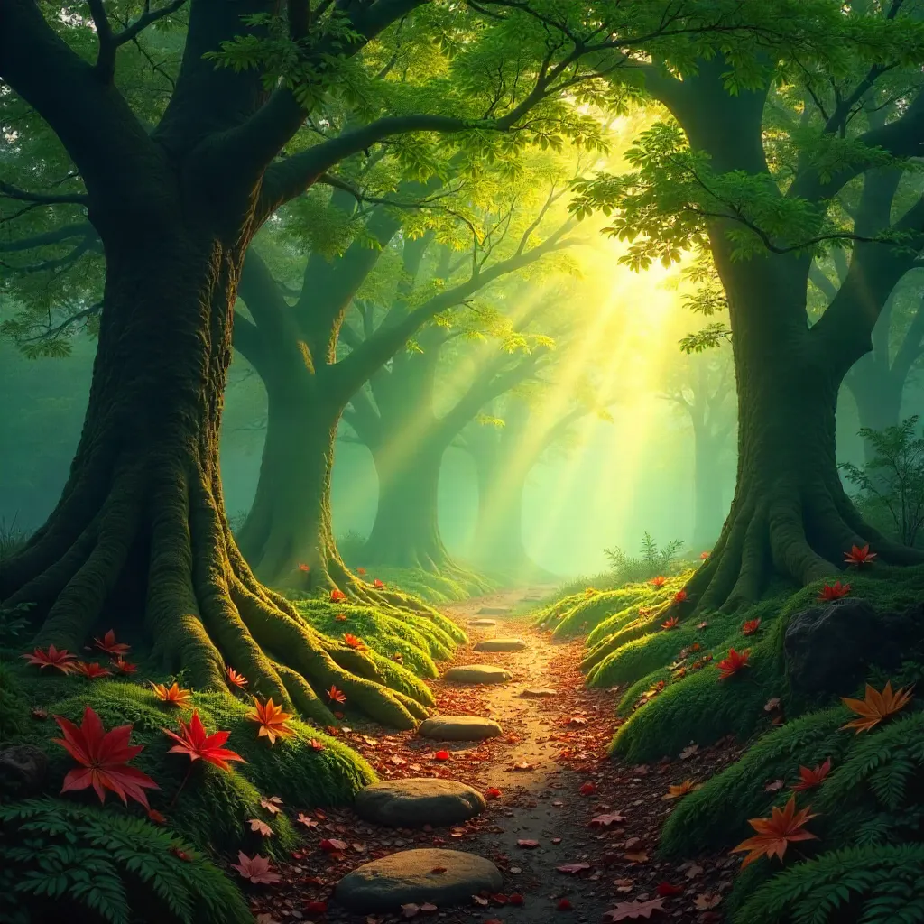 Crimson Leaves and Sunlit Forest Path