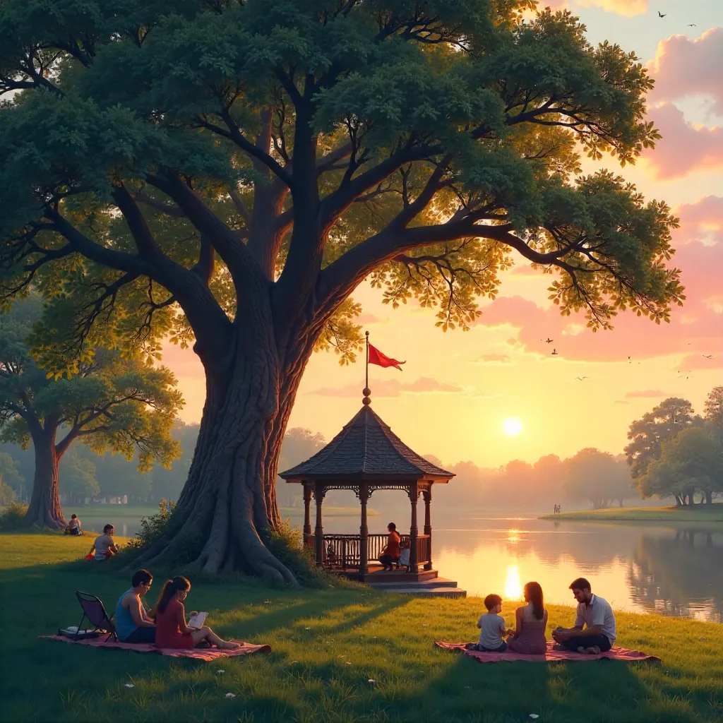 Sunset Serenity by Tree and Gazebo in the Park
