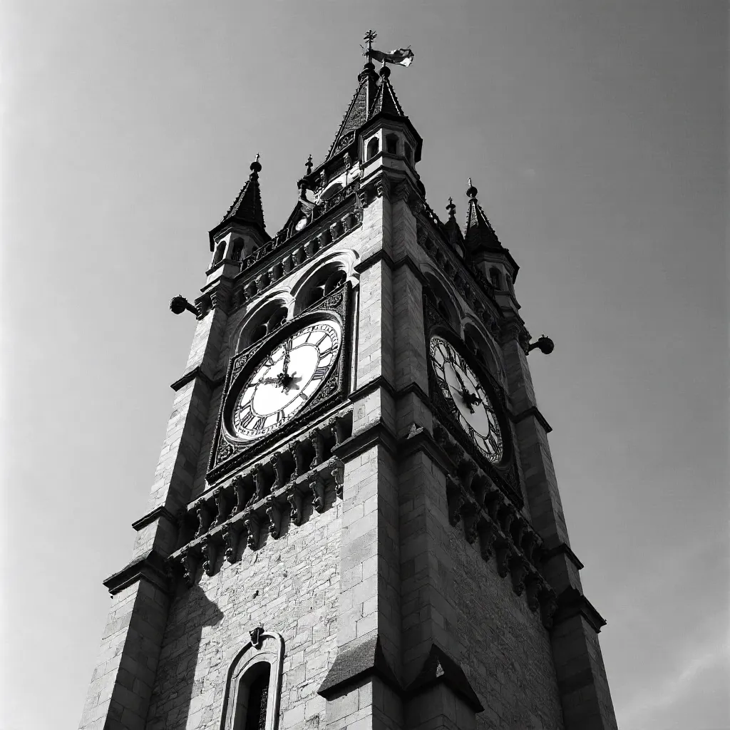 Gothic Clock Tower in High-Contrast Black and White