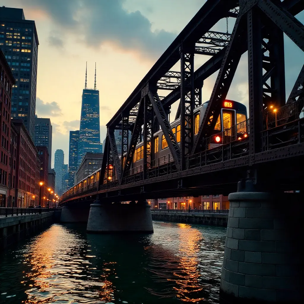 Twilight Crossing over Wells Street Bridge, Chicago