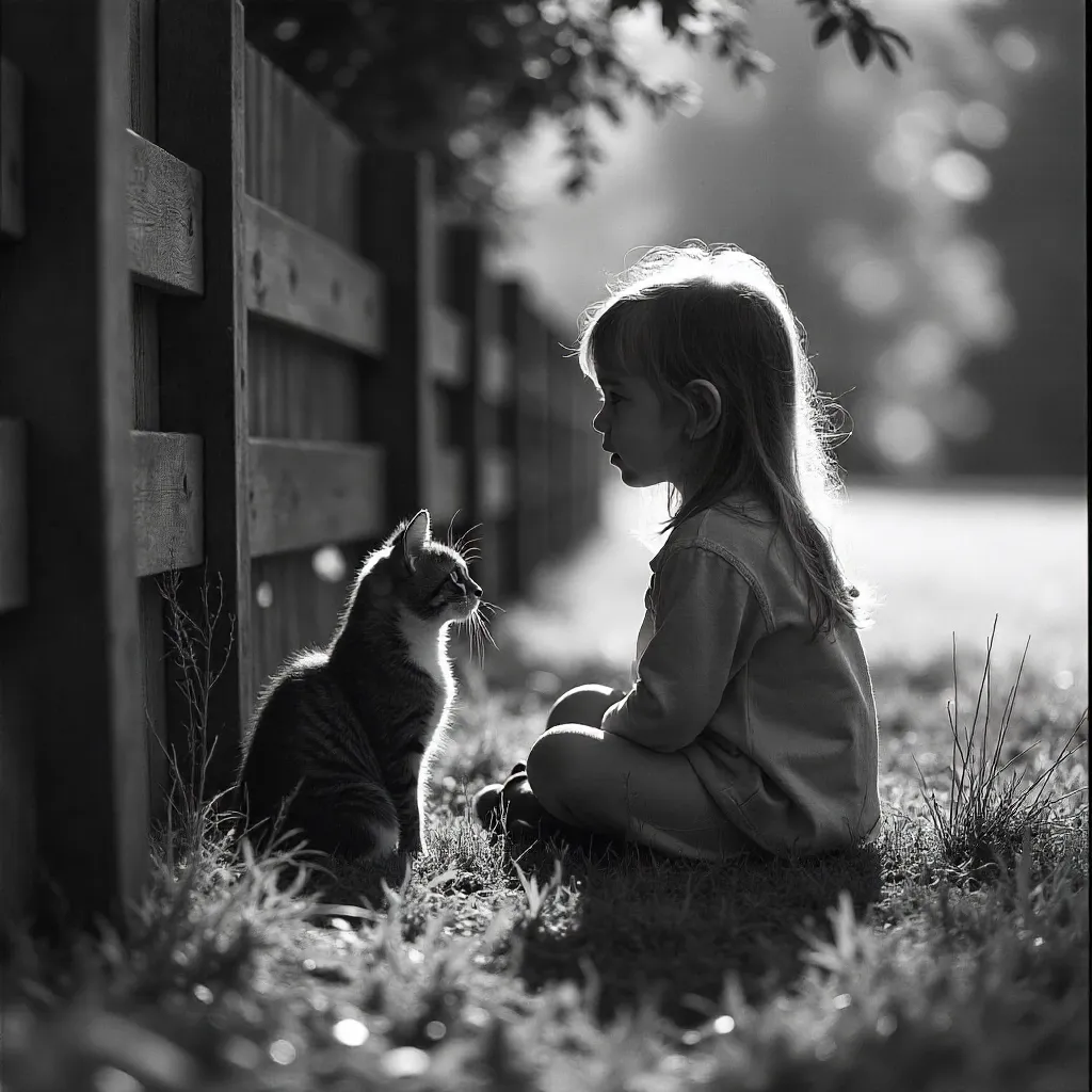 Timeless BW Portrait: Girl and Cat Outdoors