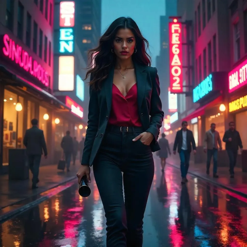 Confident Latina on a Neon City Street