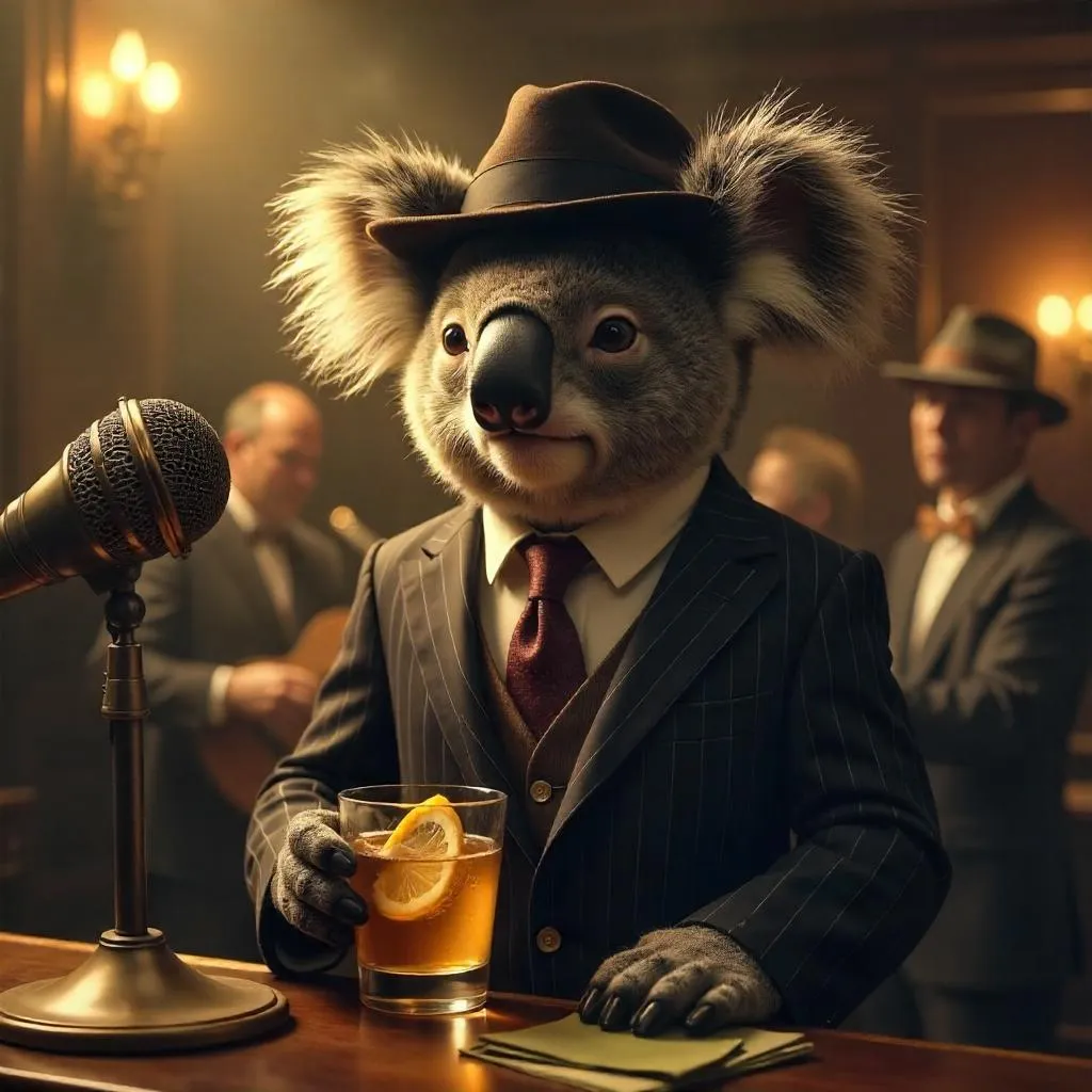 Photoreal Koala in a 1920s Speakeasy