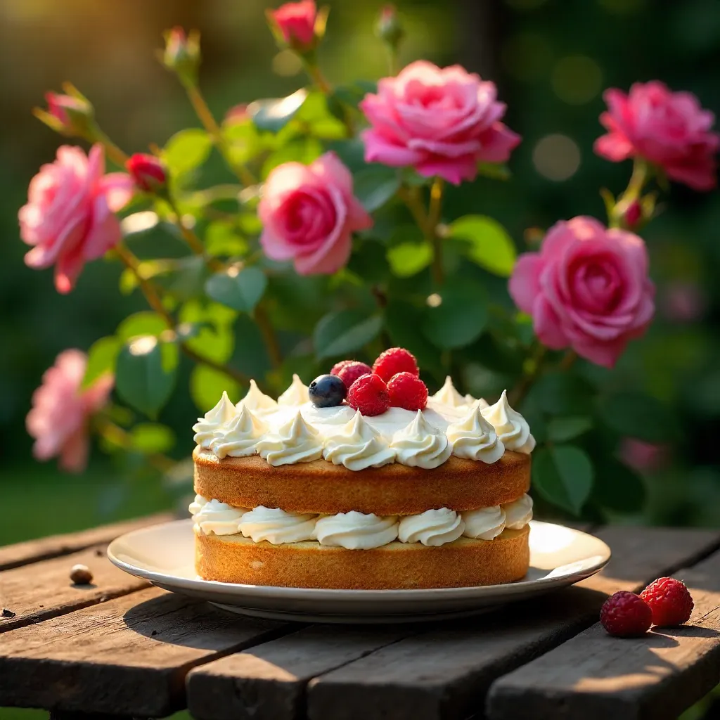 Homemade Cake Before a Blooming Rose Bush