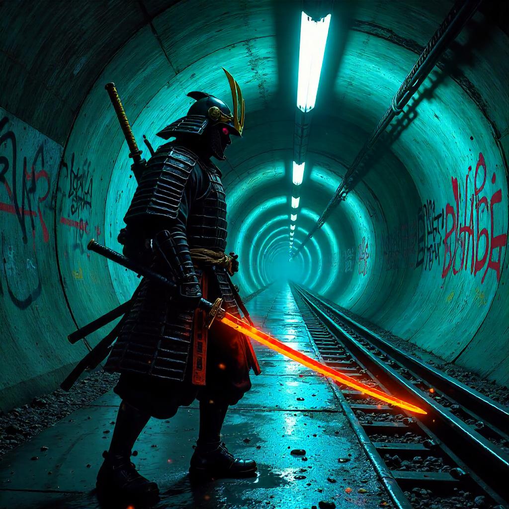 Samurai in a Neon Subway Tunnel