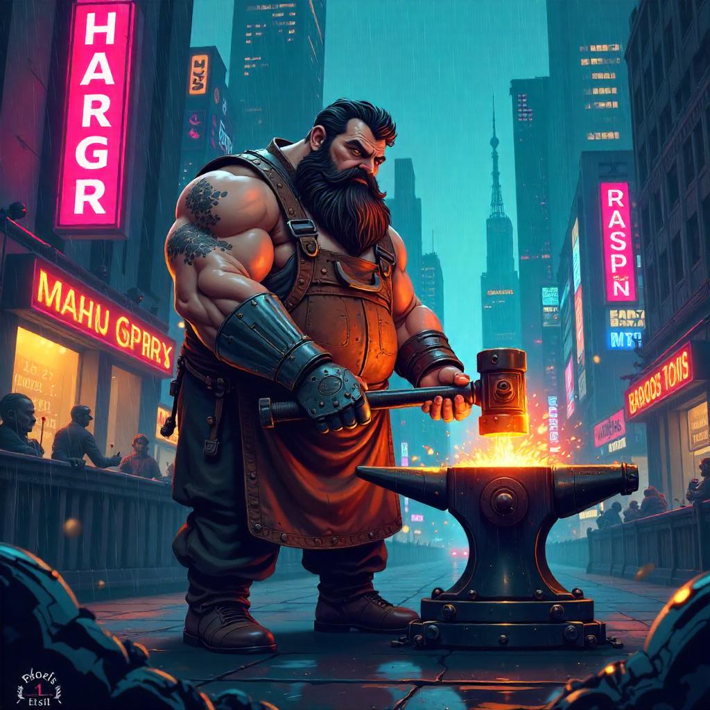 Neon City Blacksmith: Cartoon Cyberpunk Forge