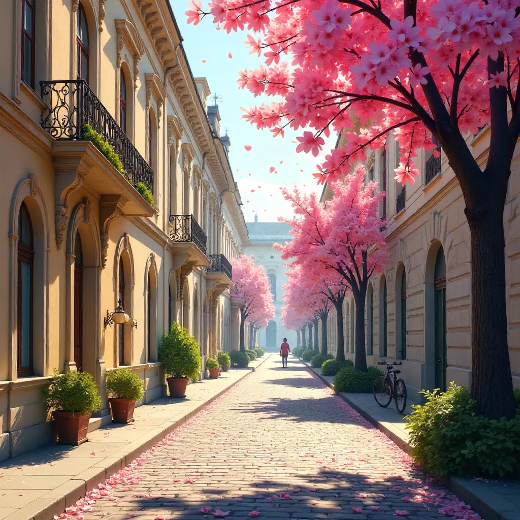 Spring Blossoms on a Classic City Street