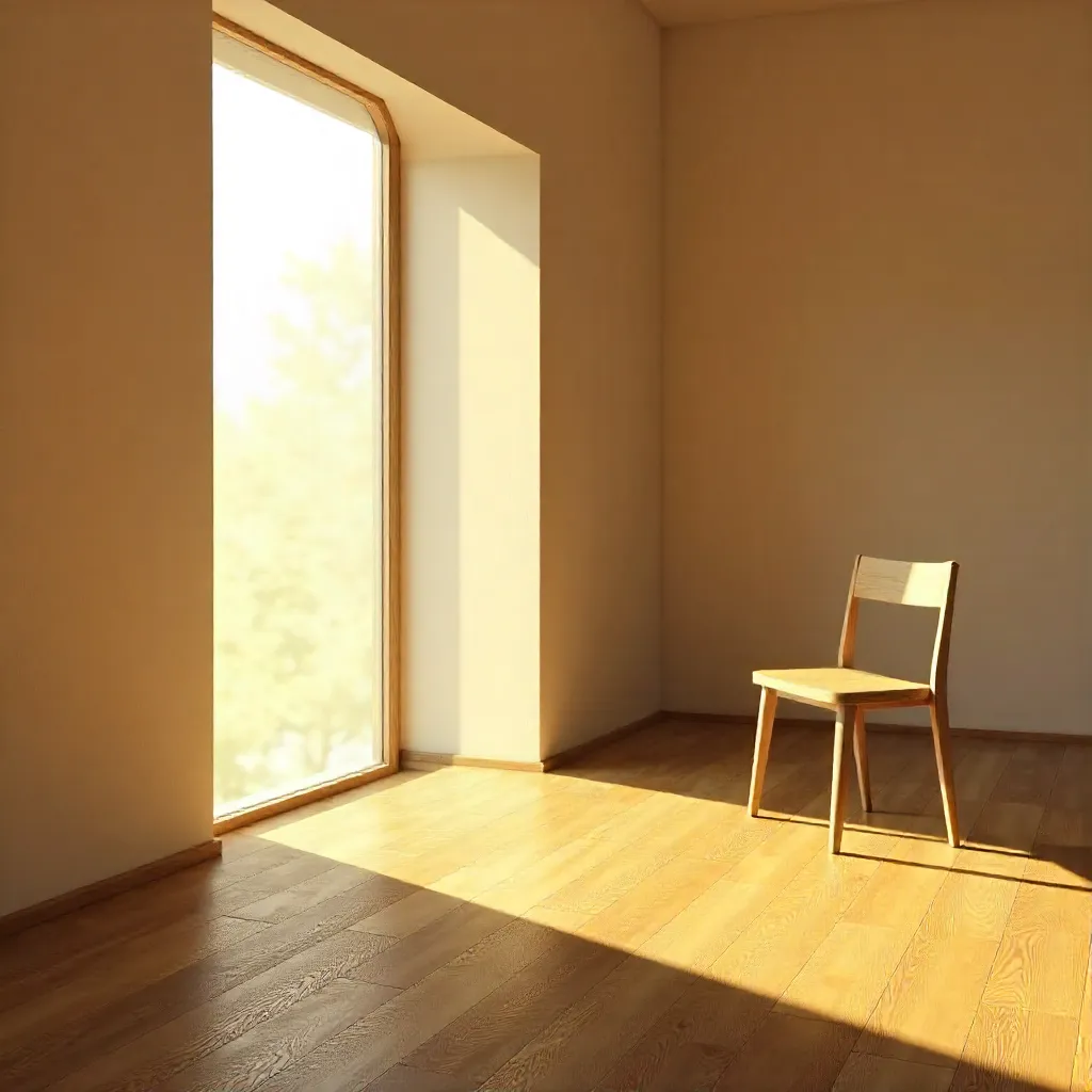 Sunlit Minimalist Room: Dramatic Shadows on Wood Floor
