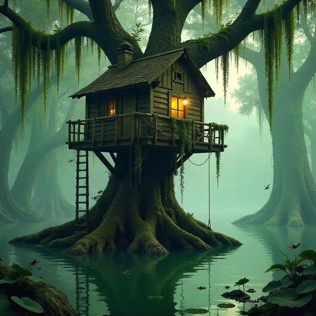 Photorealistic Swamp Treehouse at Dawn