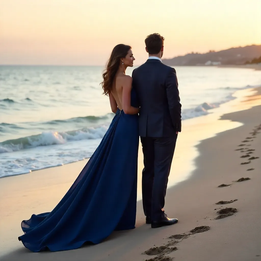 Elegant Couple Back-to-Back on a Serene Beach