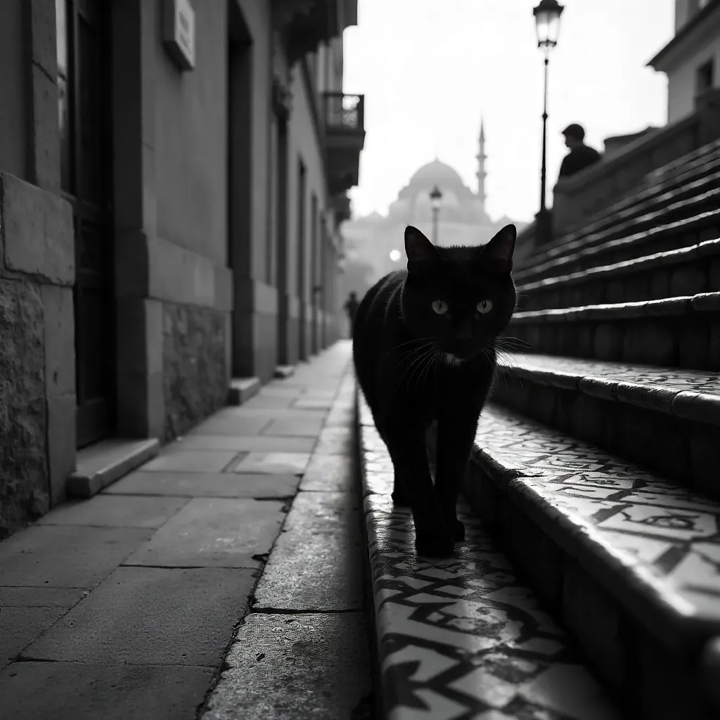 Monochrome Istanbul: Black Cat on Geometric Stairs