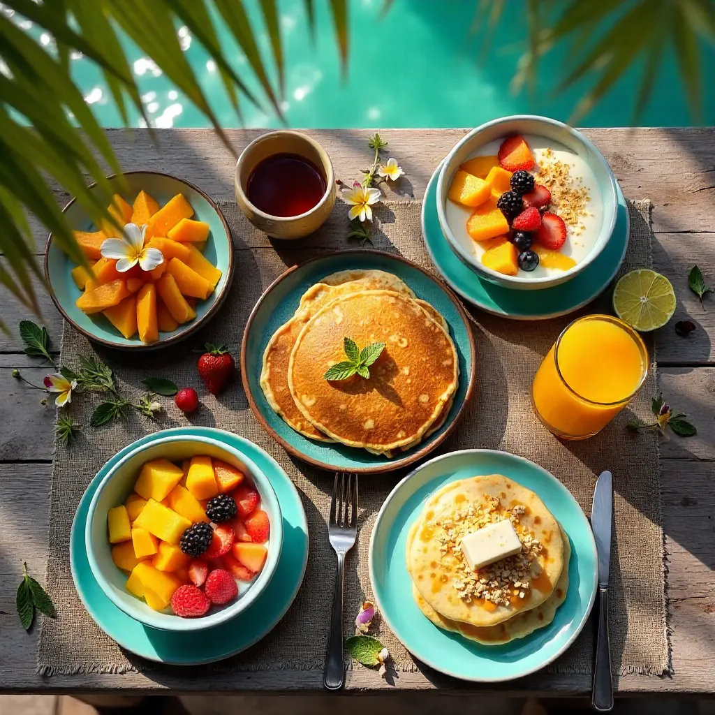 Tulum Breakfast Flat Lay: Bowls, Pancakes & Tropical Vibes