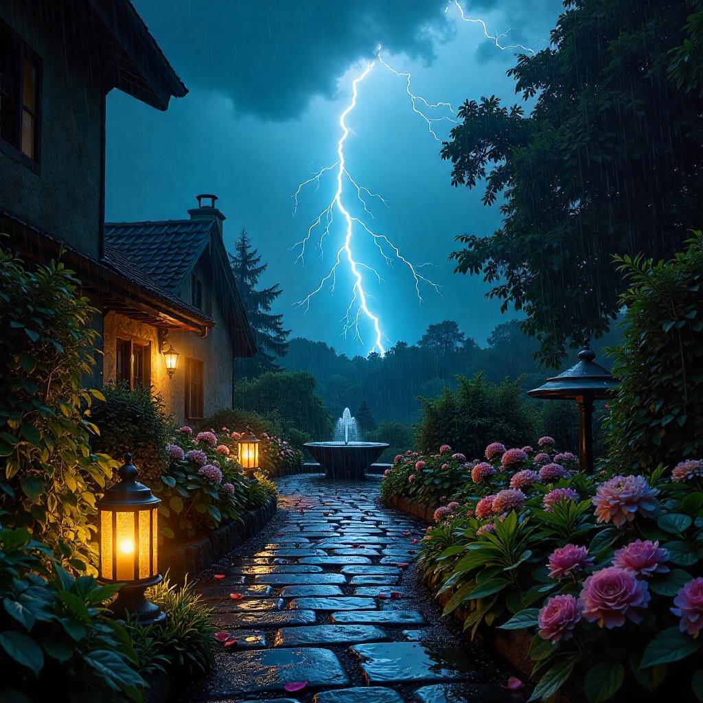 Lightning Over a Rain-Slick Garden at Night