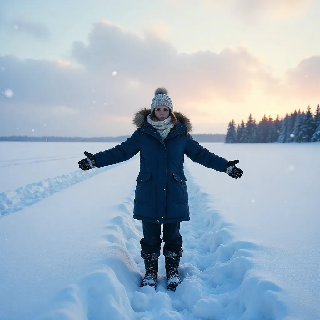 Solitary Figure With Open Arms in Snowy Landscape