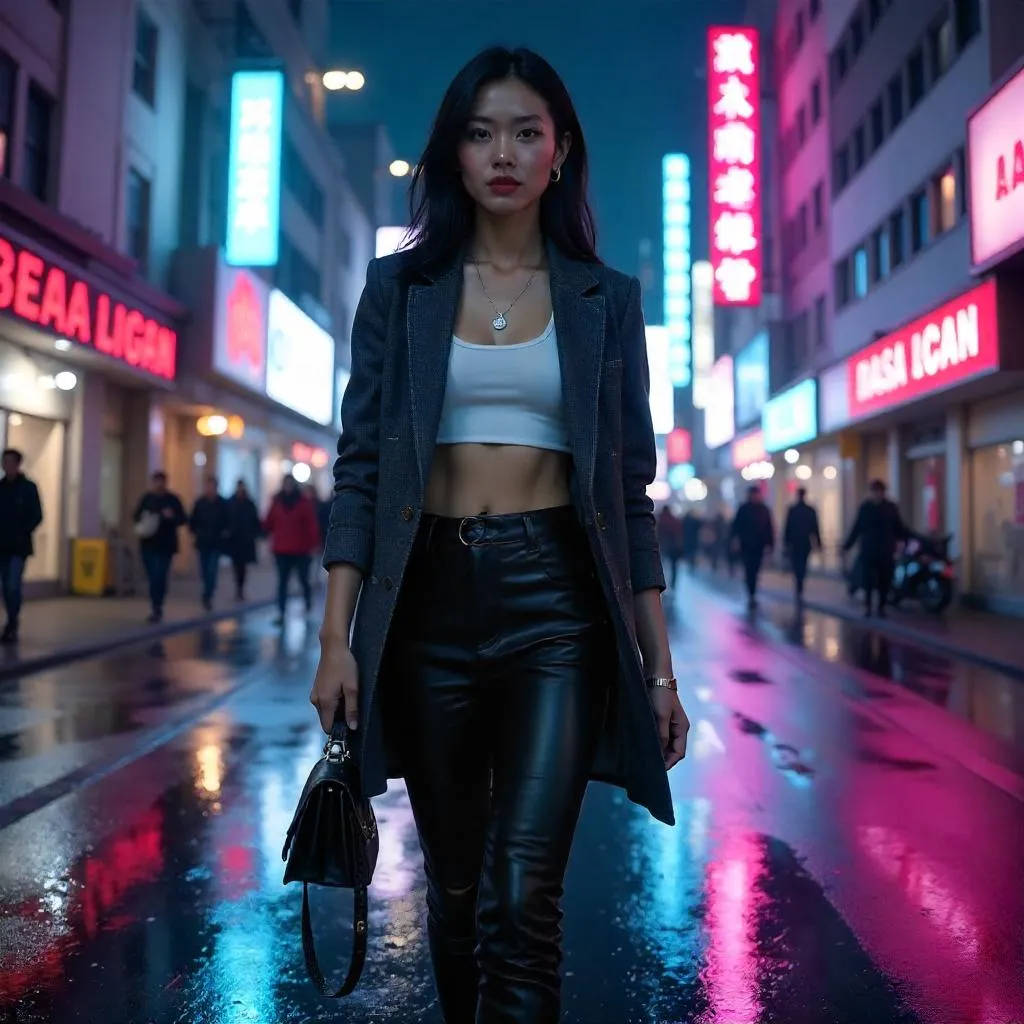 Neon Streets: Photorealistic Asian Woman in Urban Fashion