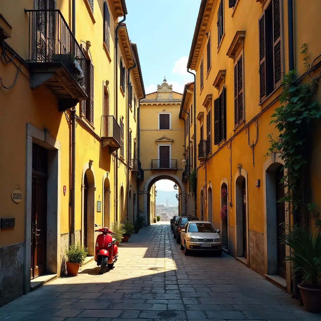Golden Narrow Italian Alleyway with Parked Cars