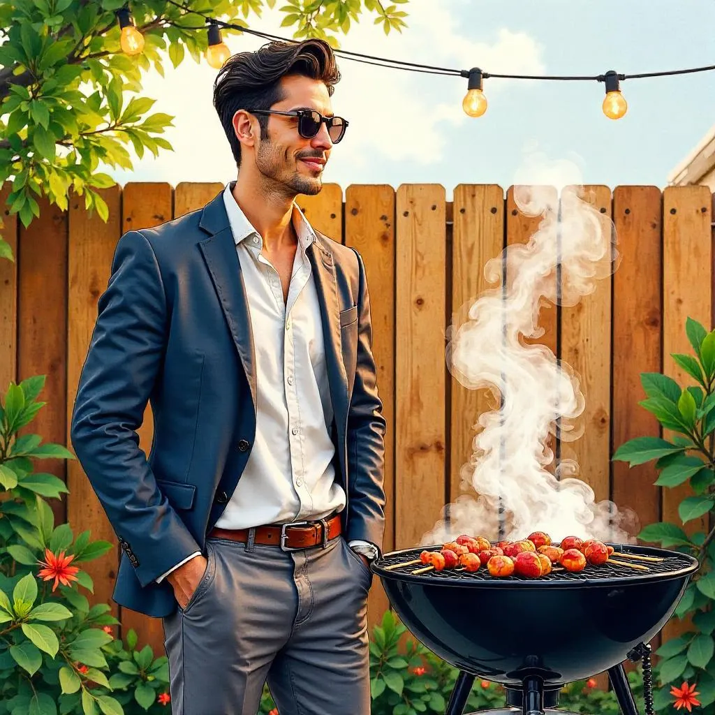 Watercolor Style: Stylish Asian Man at a Backyard Barbecue
