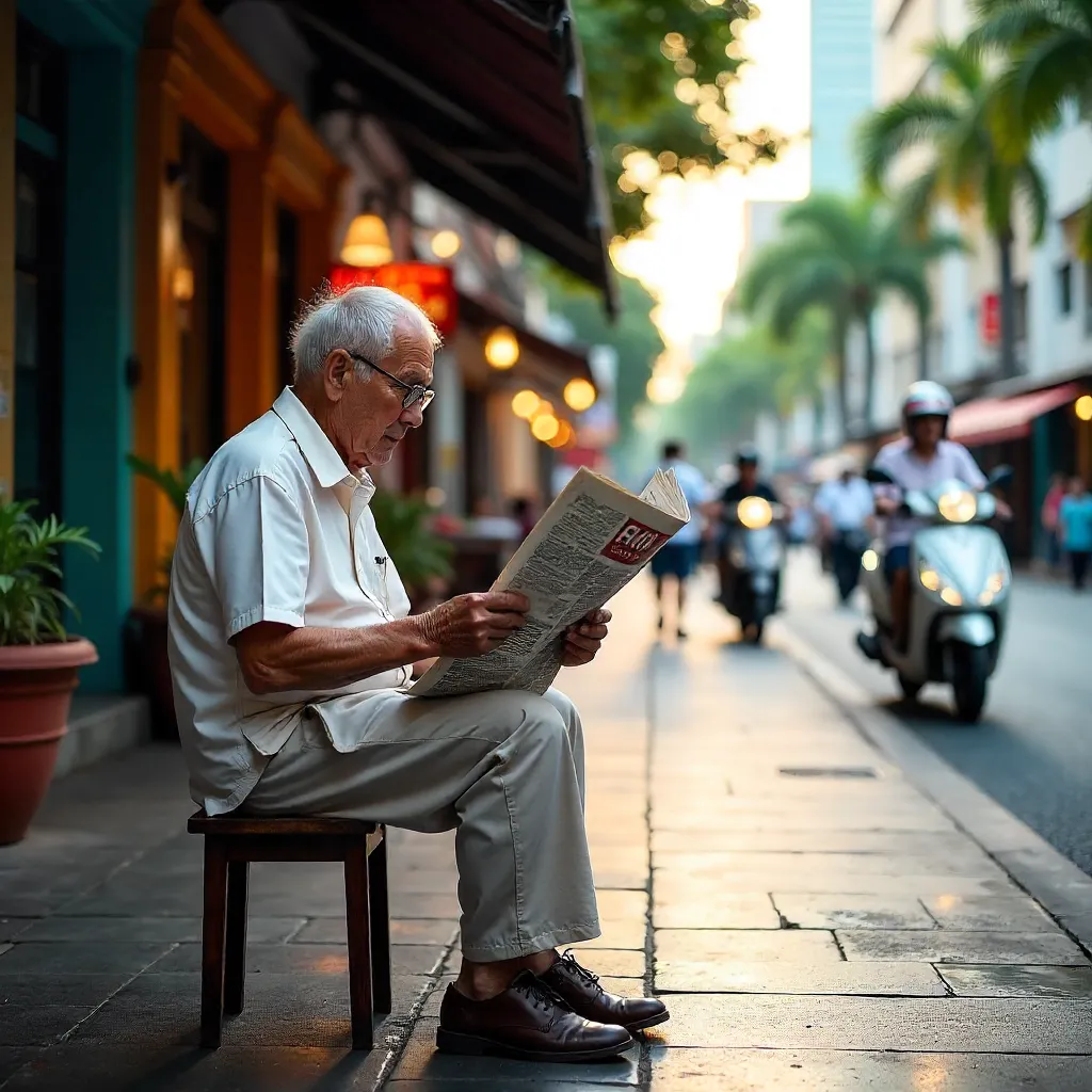 Candid street moment: Senior man reading a newspaper in Singapore