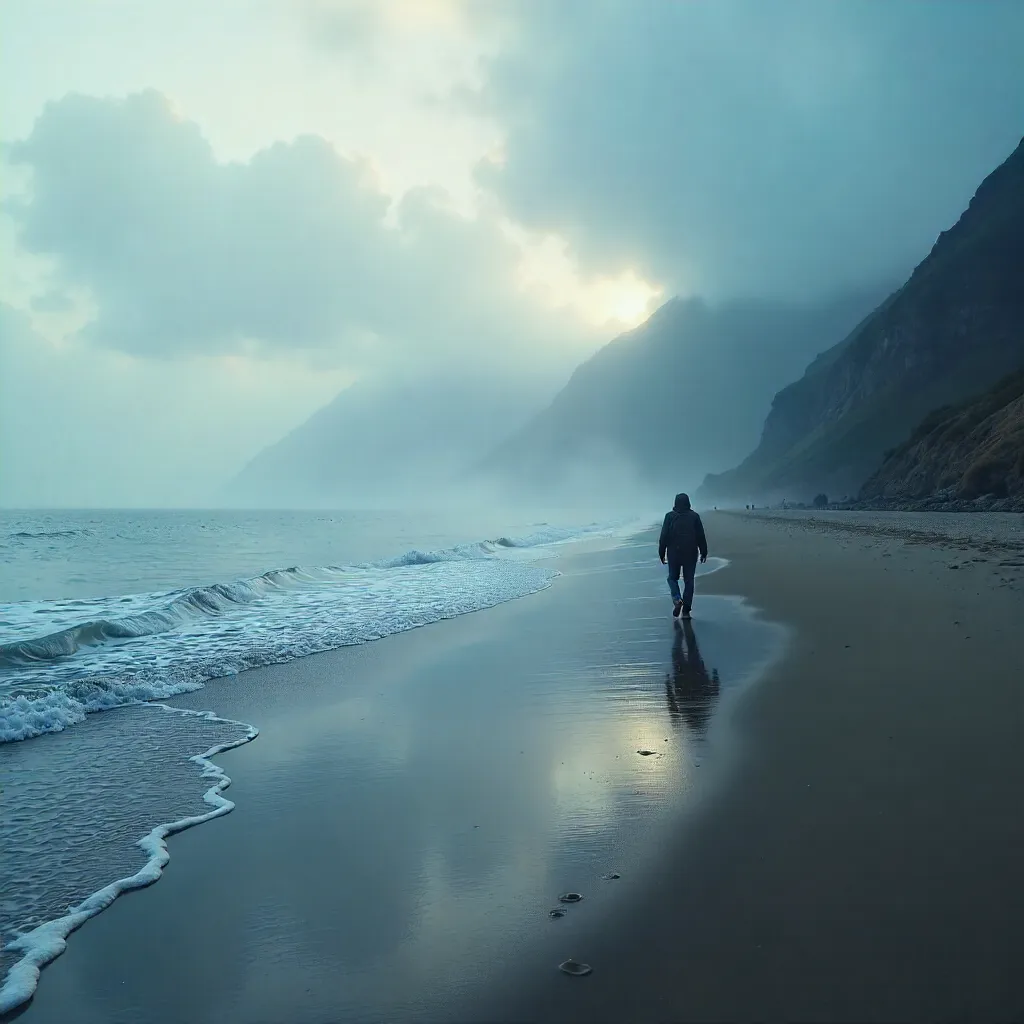 Solitary Stroll on a Misty Coastal Beach