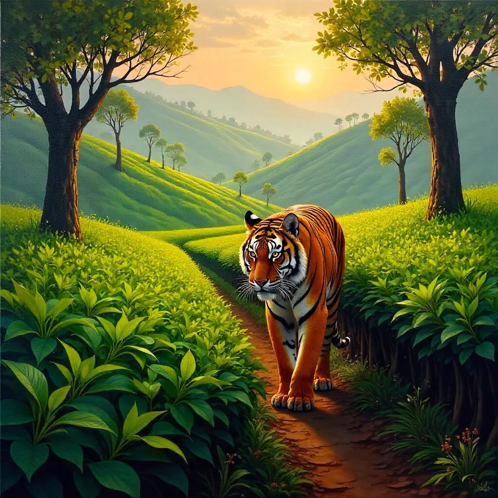 Tiger in a Tea Plantation: An Oil Painting