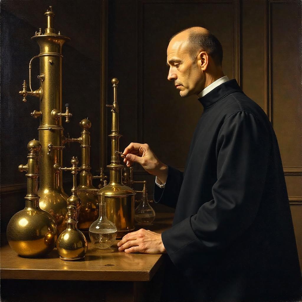 Priest in a Brass Laboratory: An Oil Painting