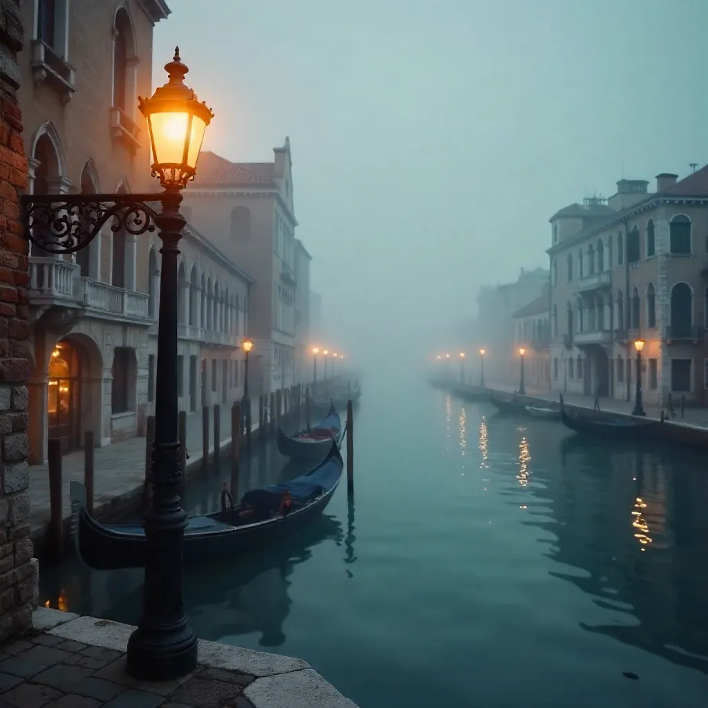 Calm Venice Canal at Dawn with Ornate Lamp
