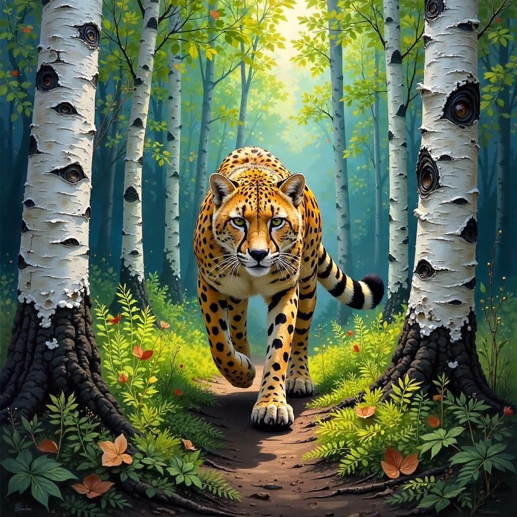 Cheetah Amid Birch Forest in Oil Painting