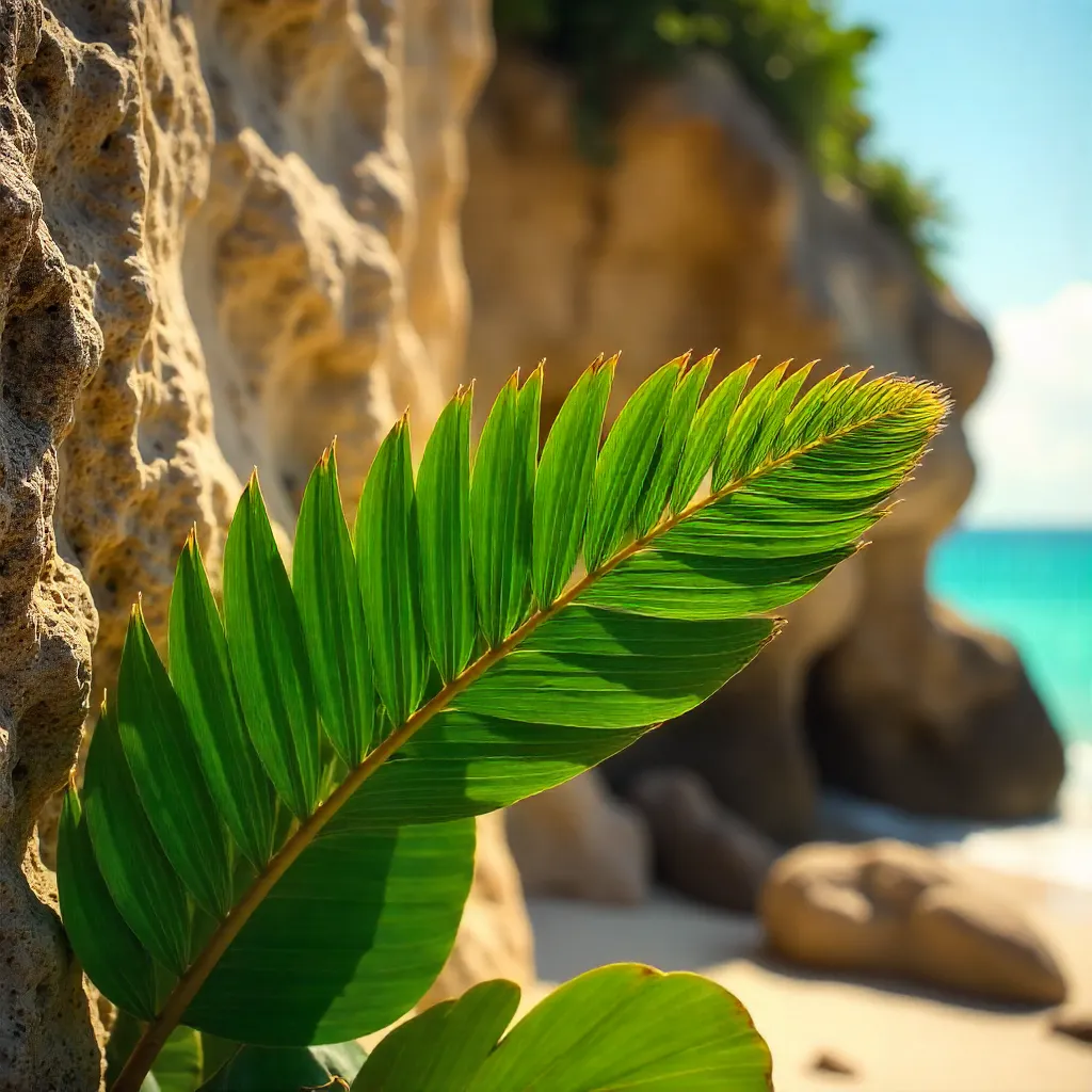Vibrant Palm Leaf Against a Tulum Stone Wall