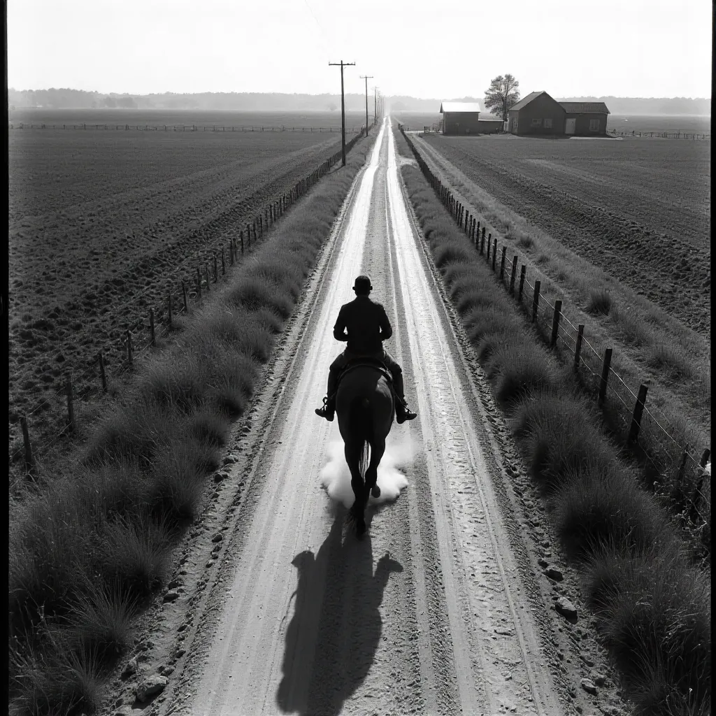 Aerial Noir: Man on Horse Along Rural Dirt Road
