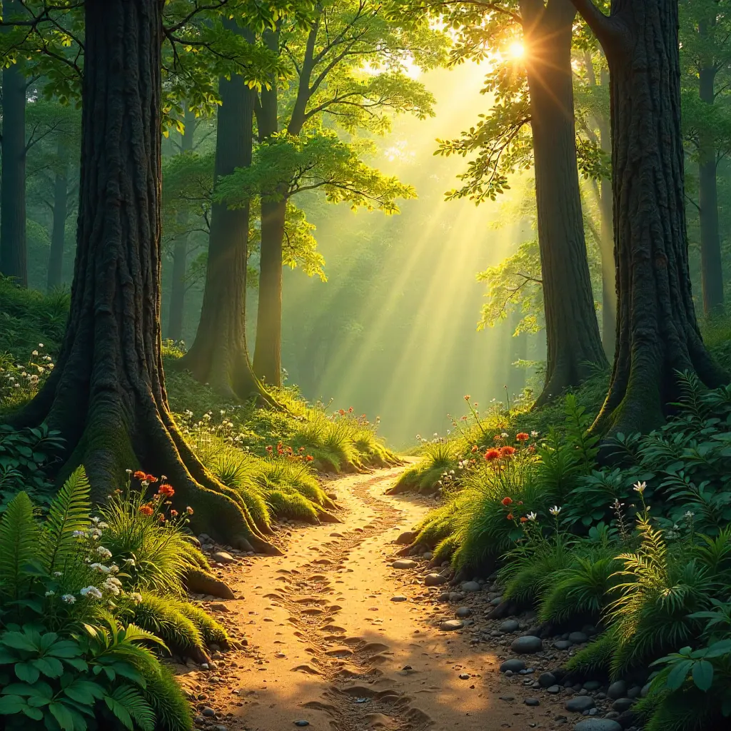 Serene Sunlit Forest Path with Sandy Trail