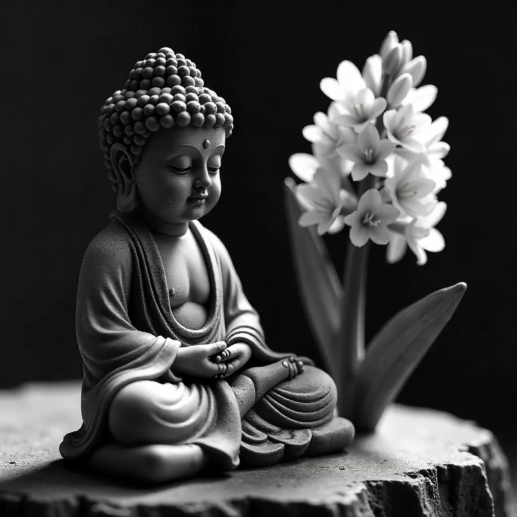 Moody B&W Buddha with Blooming Hyacinth
