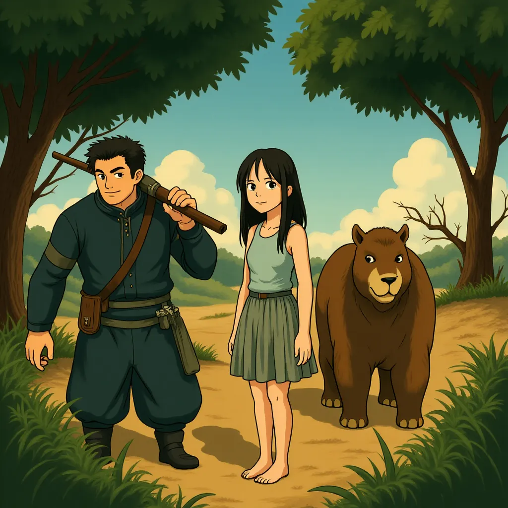 Peter Macon, Owen Teague, and Freya Allan in Kingdom of the Planet of the Apes (2024) - Ghibli style