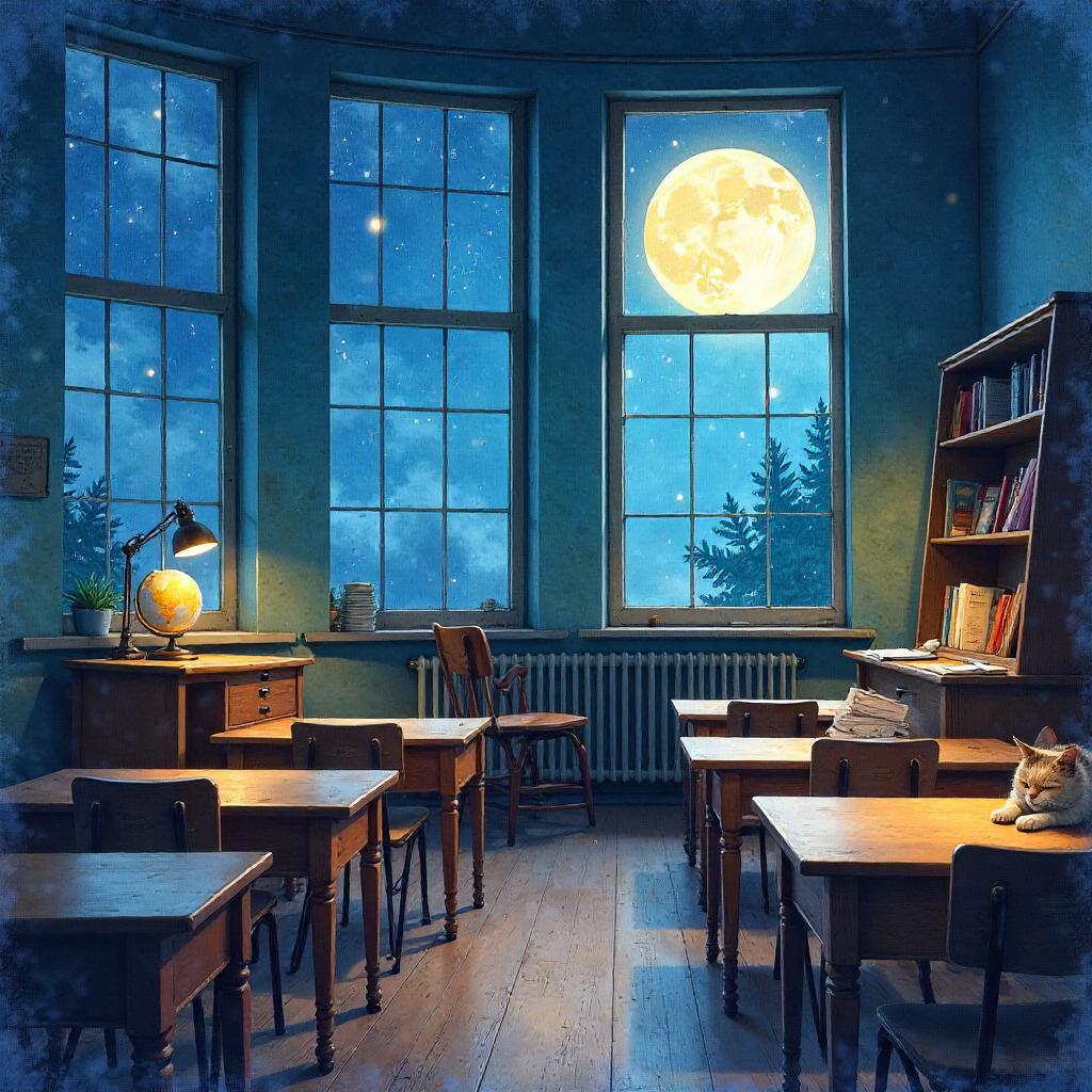 Moonlit School in Watercolor: Night Classroom