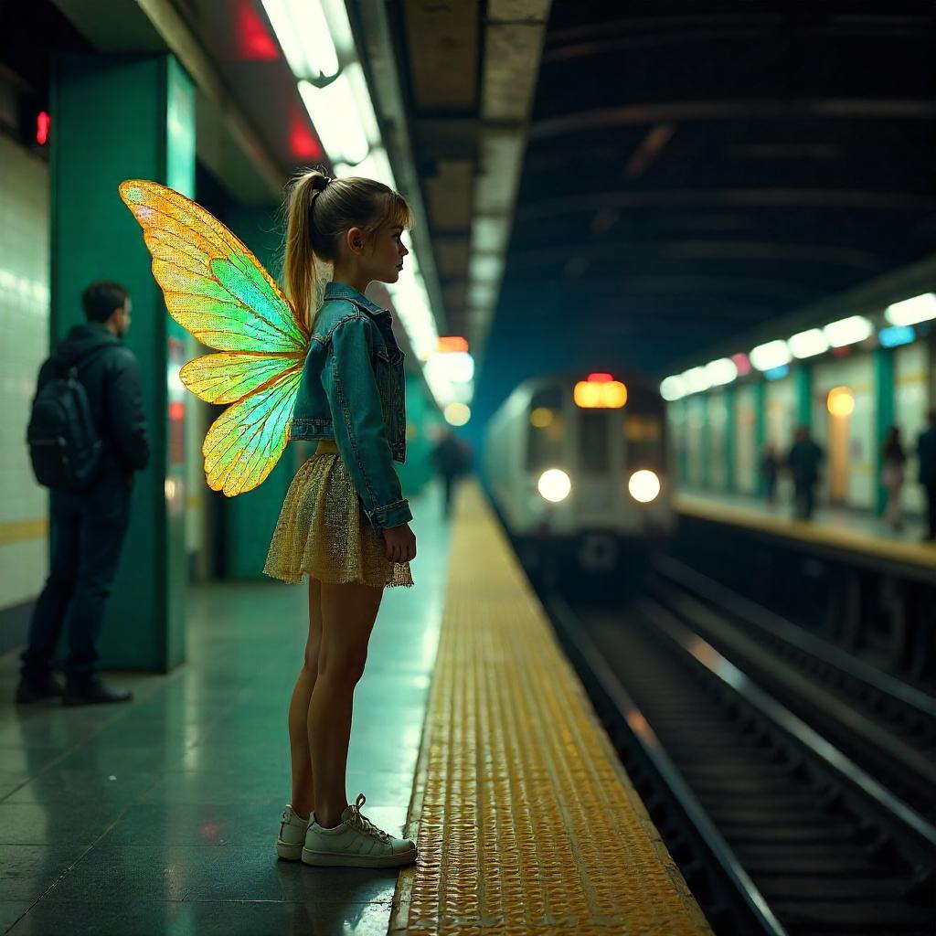 Glimmering Fairy in a Neon Subway Station