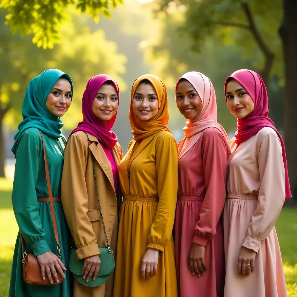 Five Colorful Hijab Fashionistas Outdoors in Light