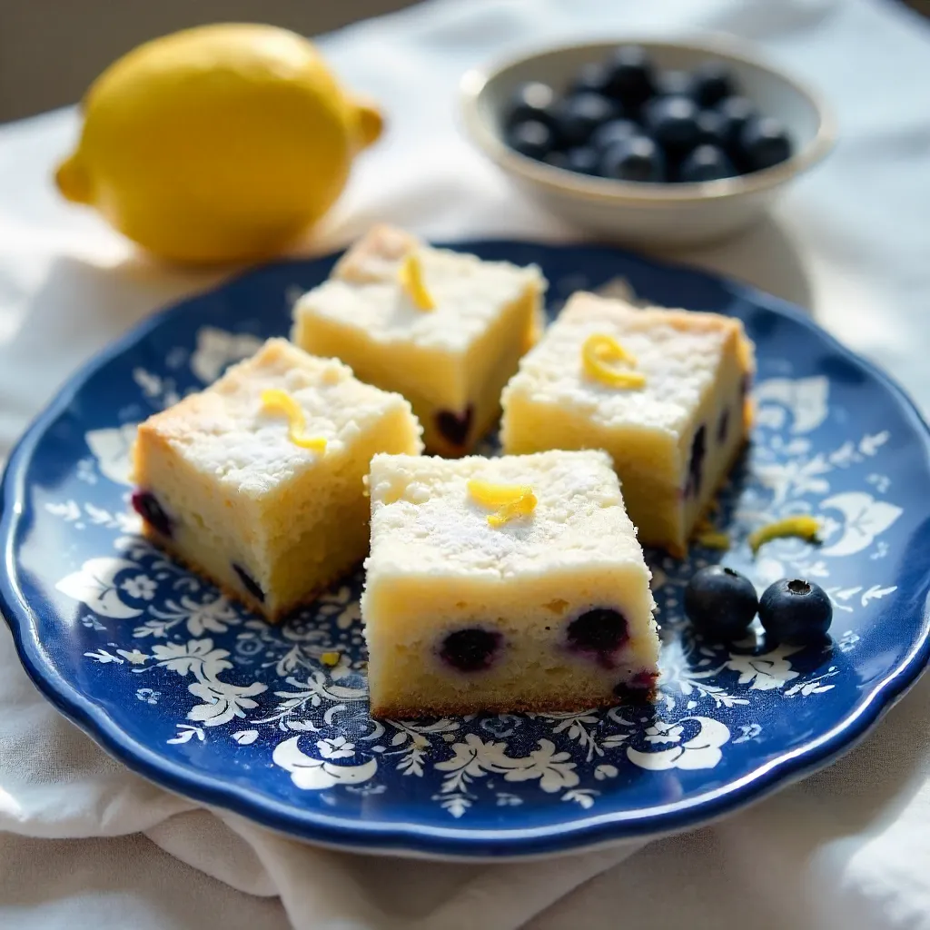 Artisanal Blueberry Lemon Cake Bars on Decorative Blue Plate