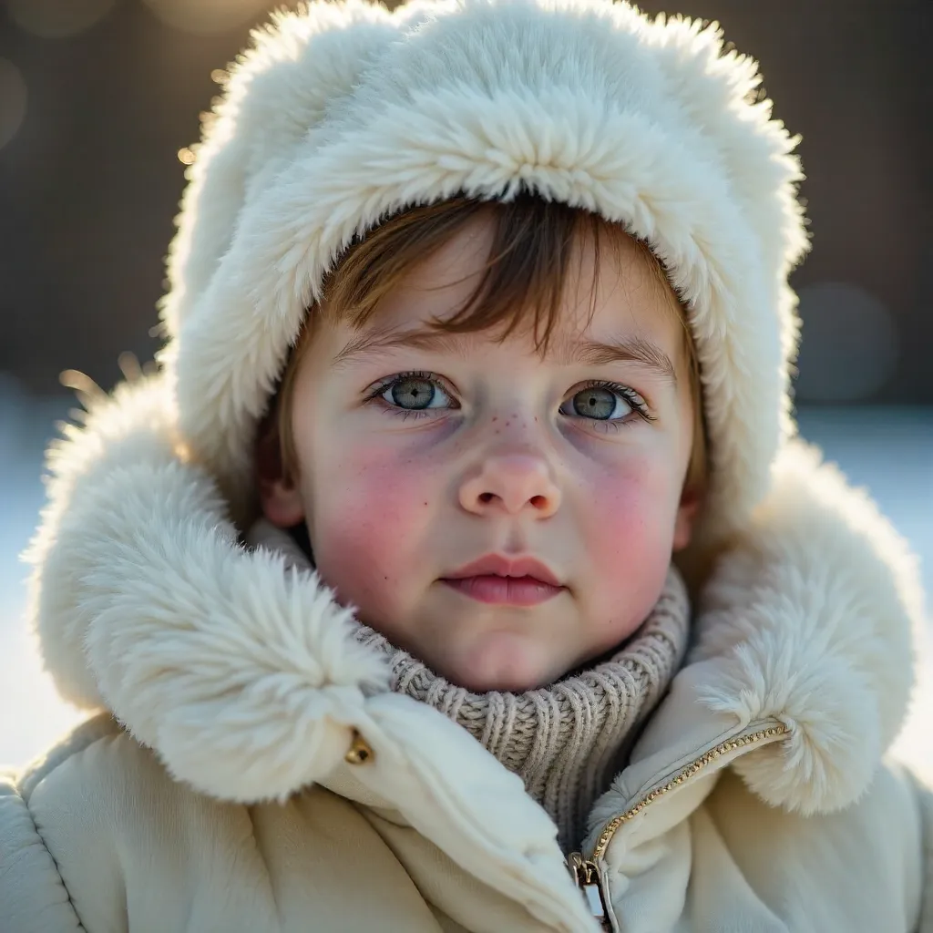 Close-Up Portrait: Boy in White Cap and Fur Coat