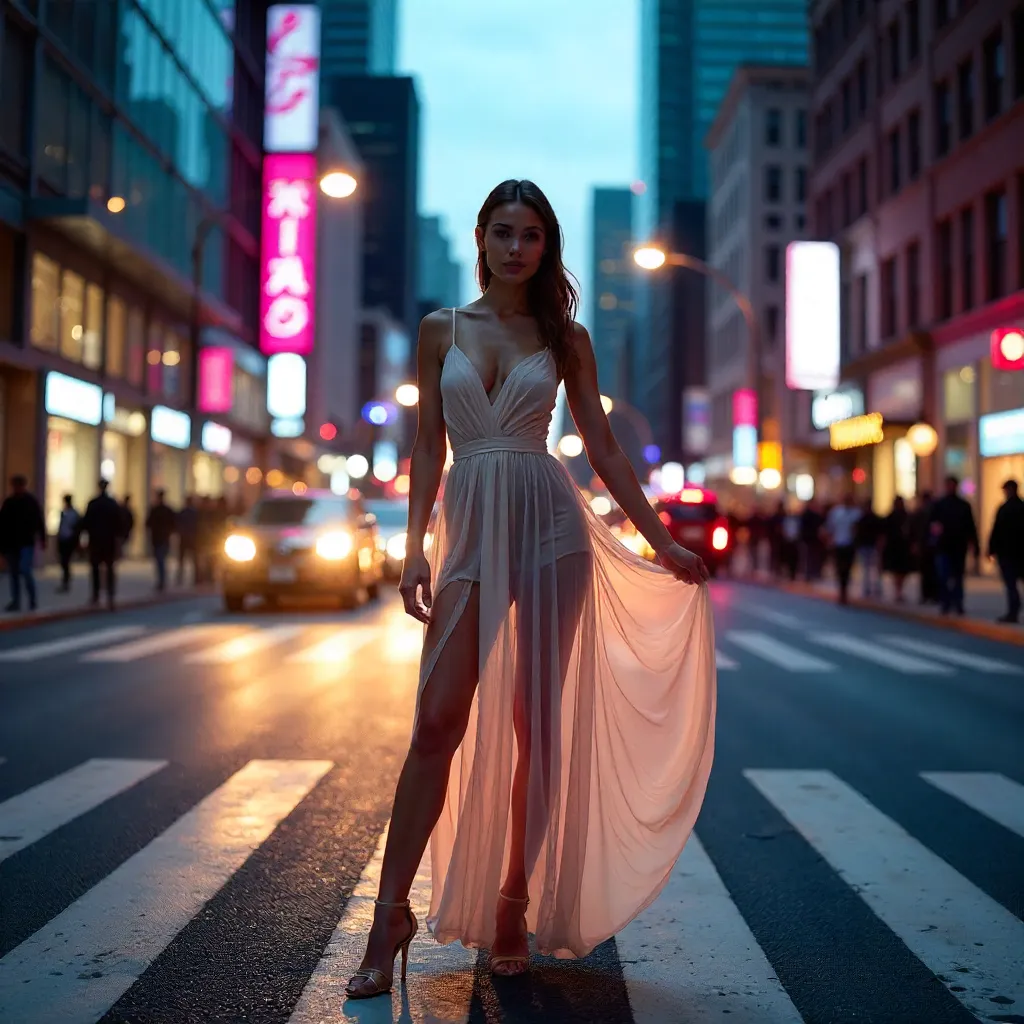 Wind-Swept Fashion at a Neon City Intersection