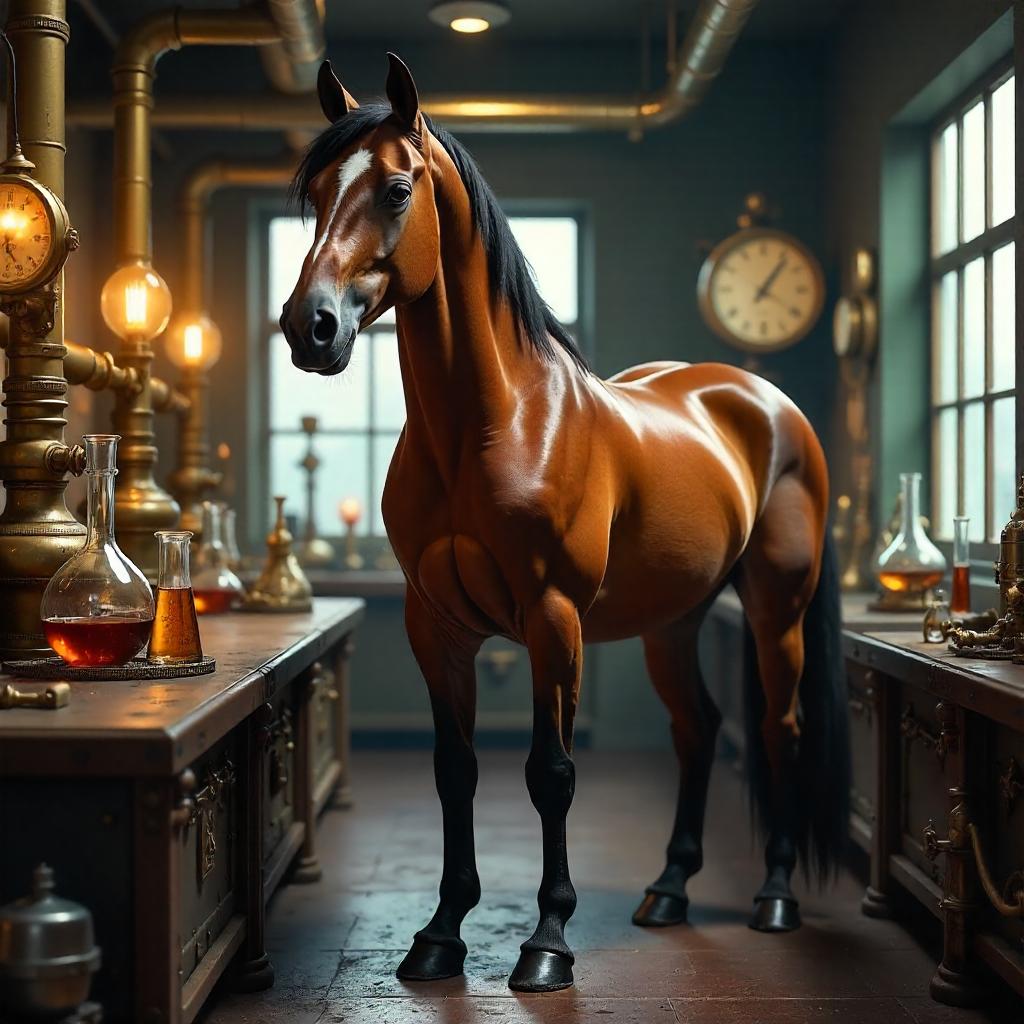 Photoreal Horse in a Brass Laboratory
