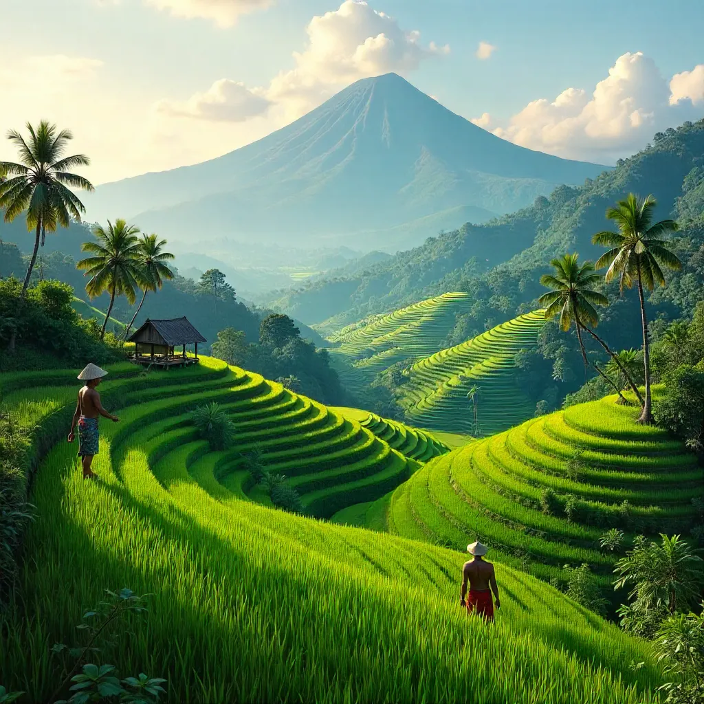 Green Rice Terraces of Bali with Mountain Backdrop
