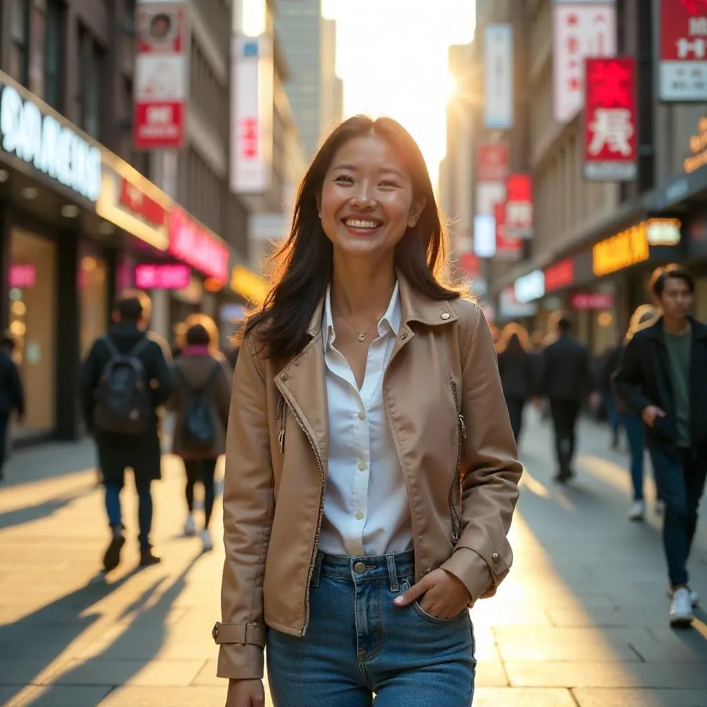Cheerful Asian Woman in Downtown Neon Lights