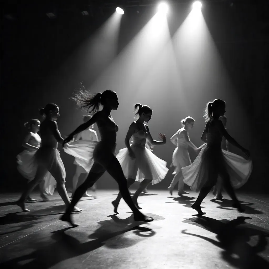 Abstract Motion Dancers on a Black-and-White Stage