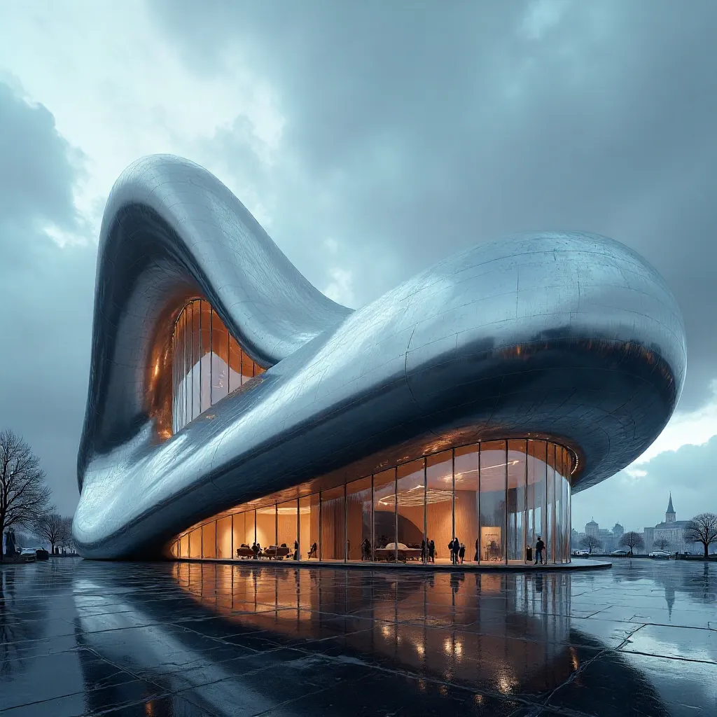 Gleaming Curved Metals Under a Cloudy Sky