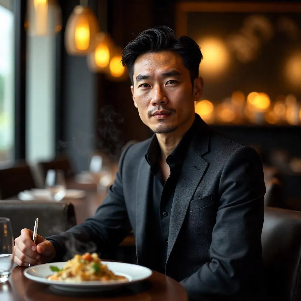 Photorealistic Stylish Asian Man in a Fine Dining Restaurant