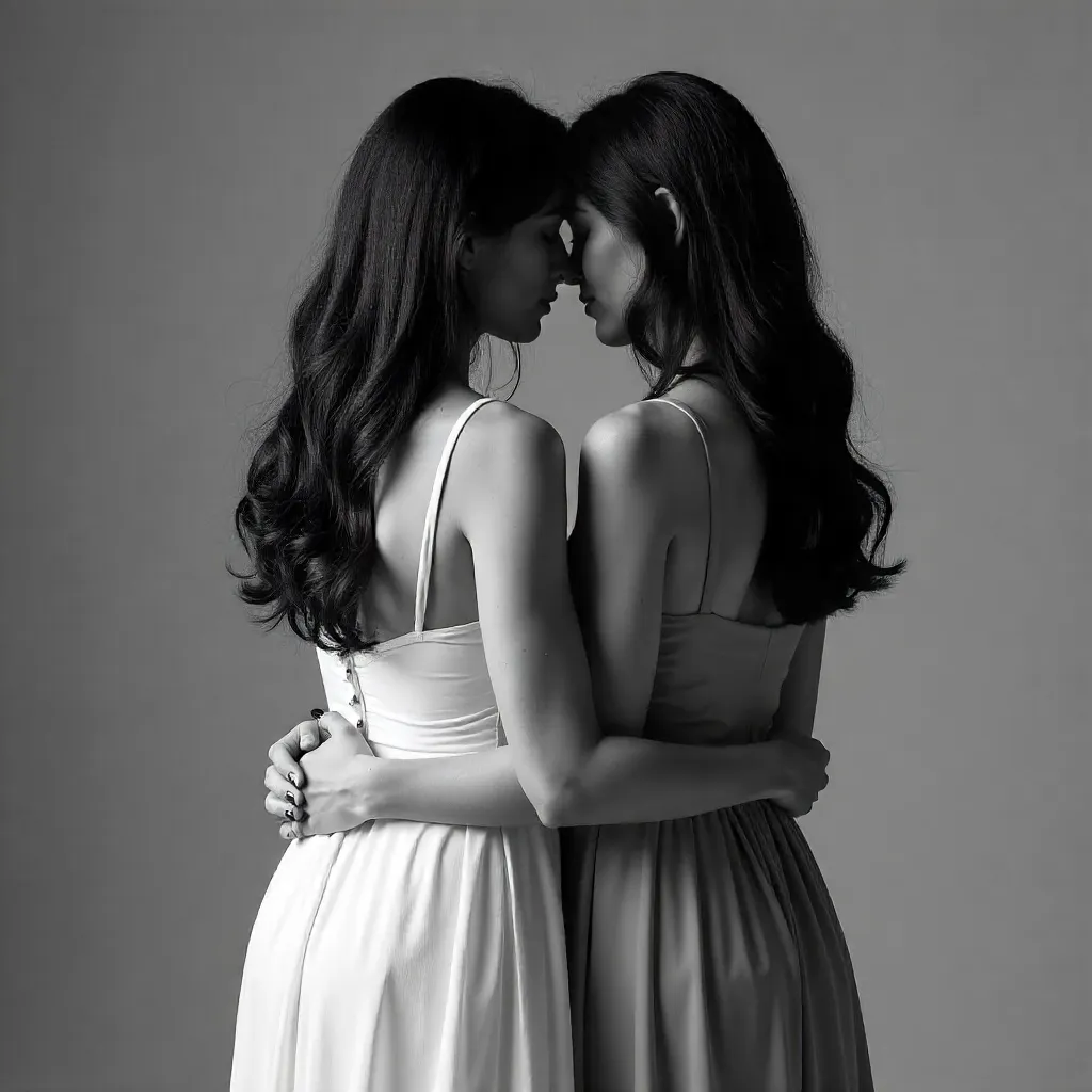 From Behind: Elegant Black-and-White Portrait of Two Women