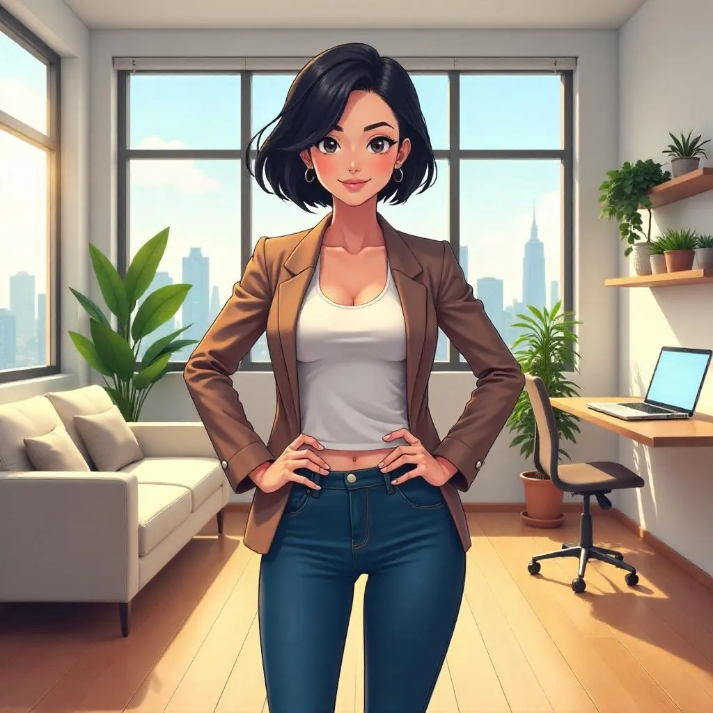 Confident Asian Woman in an Anime-Style Apartment